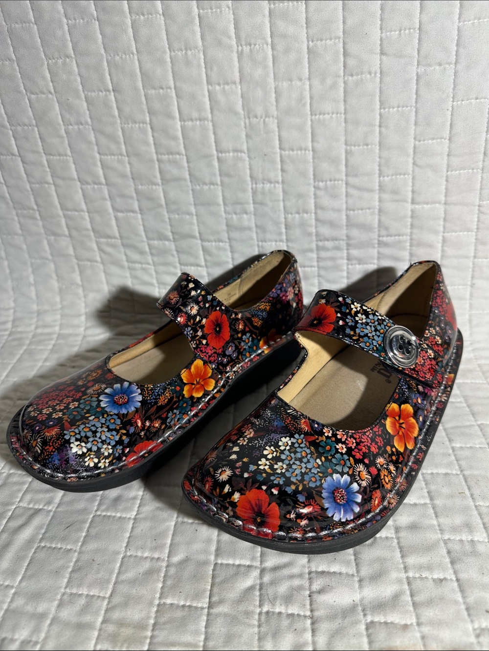 Alegria Paloma Mary Jane shoes in a Midnight Garden floral patent leather